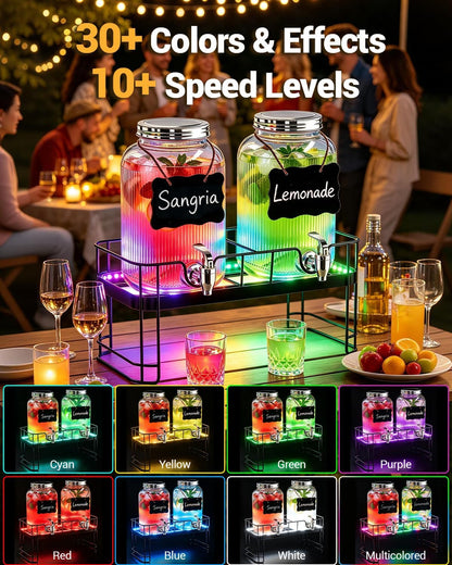 PAROTO Drink Dispensers for Parties, 2 Pack 1 Gallon Glass Beverage Dispenser with Stand and LED Strip Light, Lemonade Juice Water Dispenser with Spigot for Wedding Bar Picnic BBQ Buffet Event