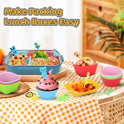 Axlksia 80 Pcs Silicone Lunch Box Dividers Set, Reusable Cupcake Liners for Baking, Colorful Lunch Bento Box Accessories with Cute Animal Food Picks (20 Cupcake Liners + 60 Animal Picks)
