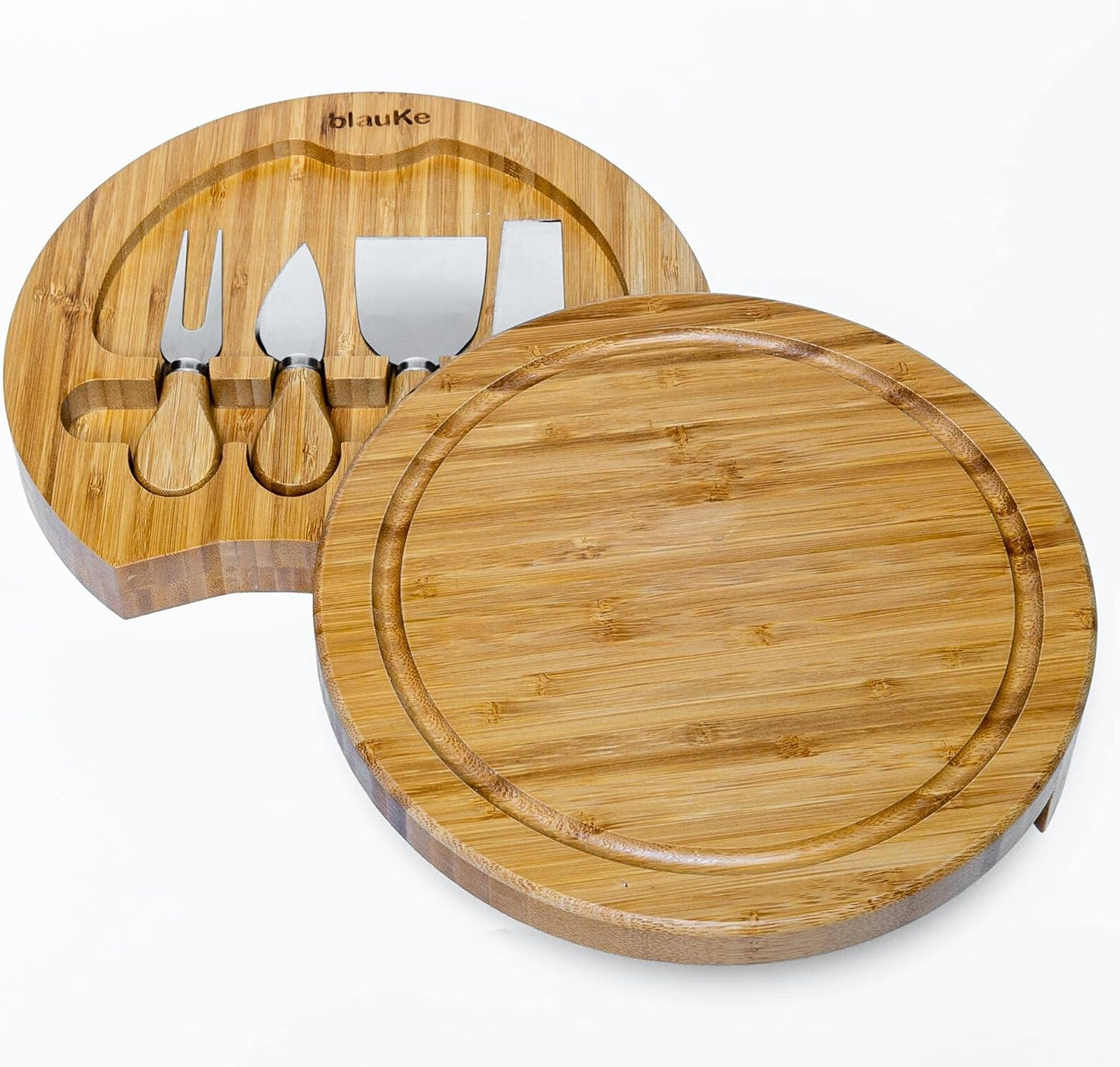 Bamboo Cheese Board and Knife Set – 14 inch Round Charcuterie Board, Serving Tray, Platter, Wood Cheeseboard Set with Slide-Out Drawer – BlauKe®