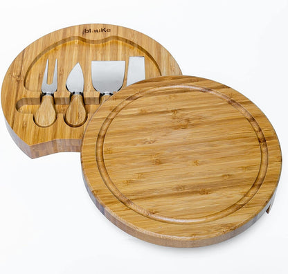 Bamboo Cheese Board and Knife Set – 14 inch Round Charcuterie Board, Serving Tray, Platter, Wood Cheeseboard Set with Slide-Out Drawer – BlauKe®