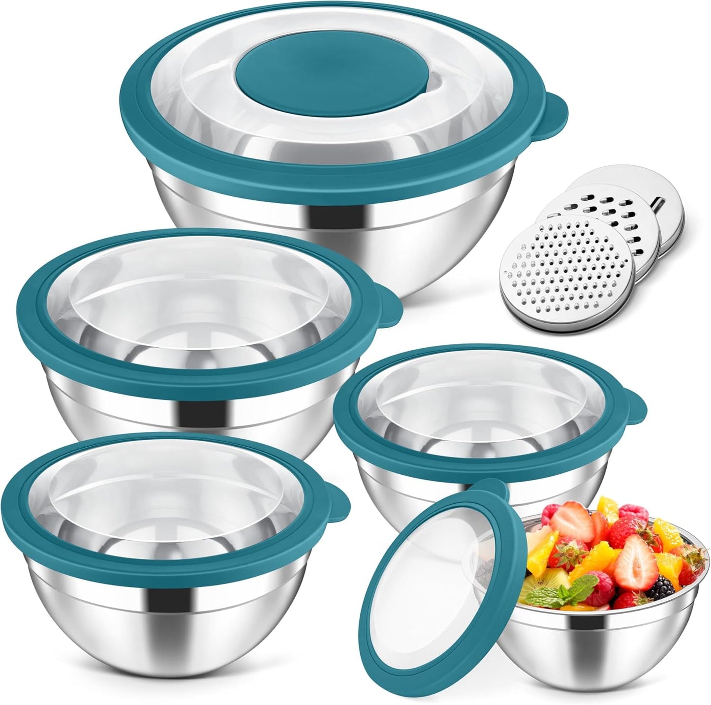 Herogo 5-Piece Mixing Bowls with Airtight Lids, 3 Grater Attachments, Stainless Steel Salad Serving Bowls for Kitchen, Size 4.6, 3.5, 2.5, 2, 1.5QT Ideal for Prepping & Cooking, Black