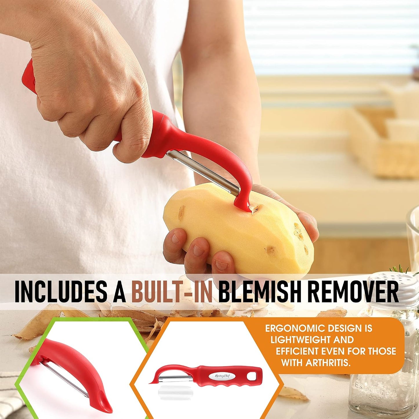 Spring Chef Premium Swivel Vegetable Peeler, Soft Grip Handle and Ultra Sharp Stainless Steel Blades - Perfect Kitchen Peeler For Veggie, Fruit, Potato, Carrot, Apple - Mango