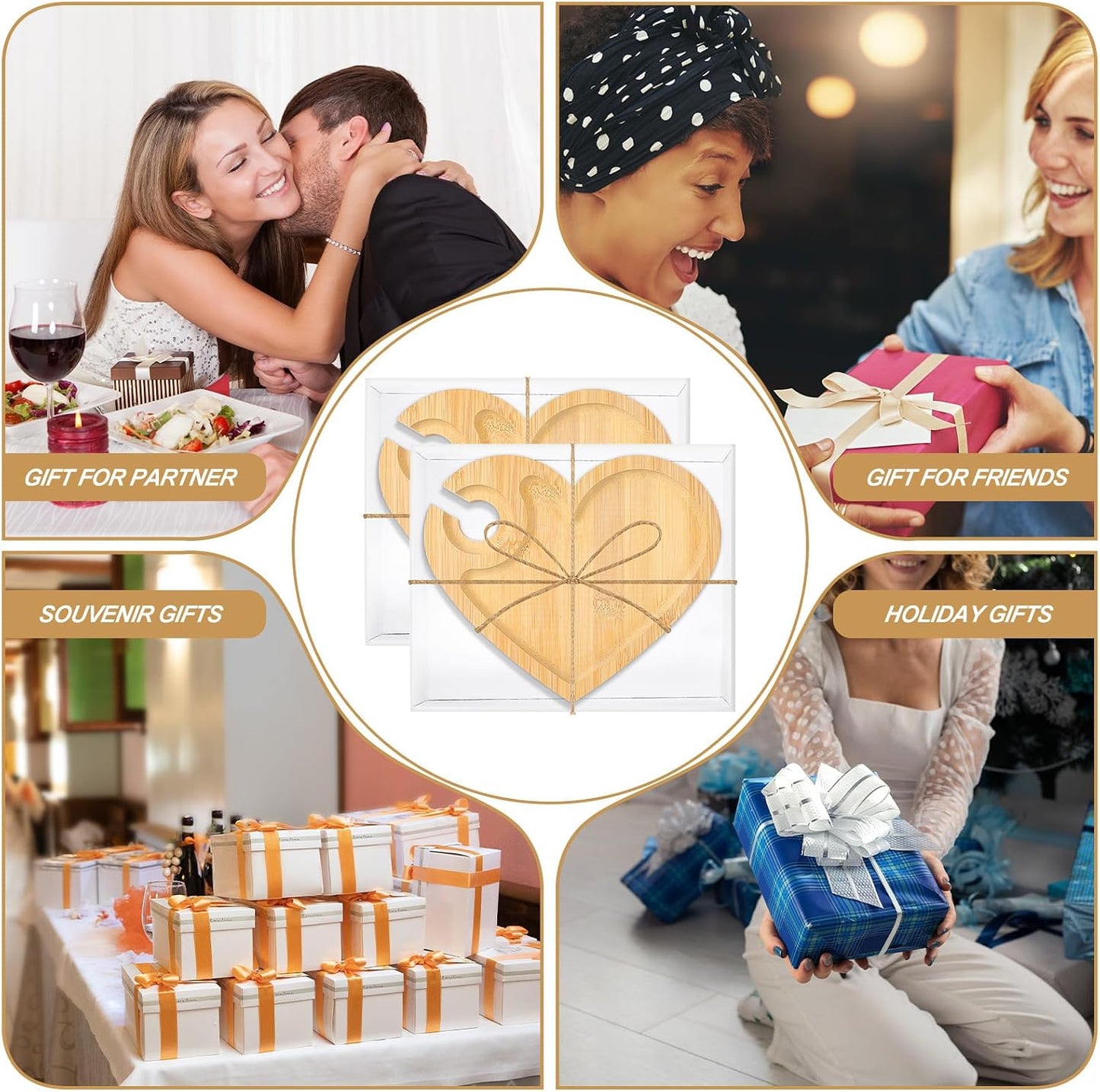 Menkxi 12 Set Wine Appetizer Plates Mini Charcuterie Boards with Wine Glass Holder and Box Gifts for Bridal Shower Game Prizes Wooden Cocktail Cheese Plate for Guests Baby Shower(Heart,Light Color)