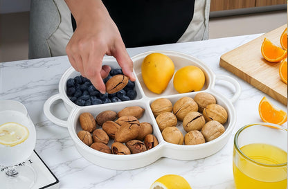 Divided Serving Platter,Ceramic Chip & Dip Serving Dish,12" Decorative Sectional Dish,4-Compartment Appetizer Fruit Dish for Party,Perfect for Chips and Dip, Veggies, Candy and Snacks, White