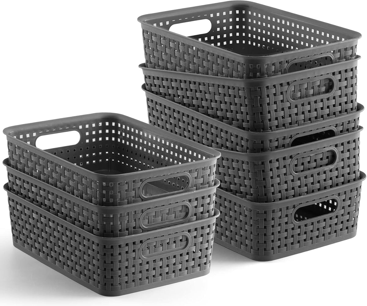 [ 8 Pack ] Plastic Storage Baskets, Small Pantry Organization and Storage Bins, Household Organizers for Laundry Room, Bathrooms, Kitchens, Cabinets, Countertops, Under Sink or Shelves, Black