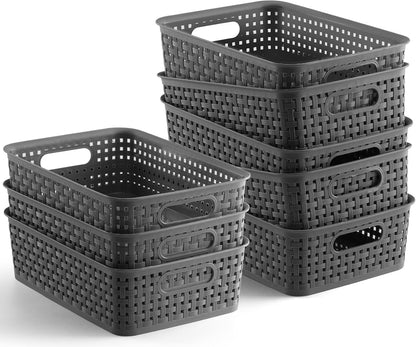 [ 8 Pack ] Plastic Storage Baskets, Small Pantry Organization and Storage Bins, Household Organizers for Laundry Room, Bathrooms, Kitchens, Cabinets, Countertops, Under Sink or Shelves, Black