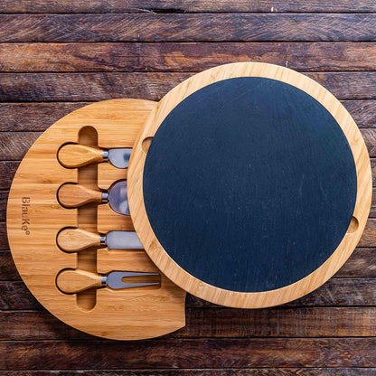 Bamboo Cheese Board and Knife Set – 14 inch Round Charcuterie Board, Serving Tray, Platter, Wood Cheeseboard Set with Slide-Out Drawer – BlauKe®