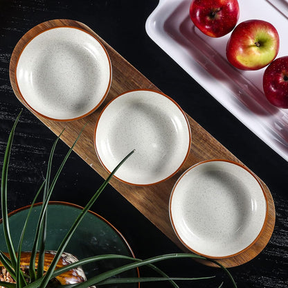 Artena 6oz Turquoise Solid Ceramic Chips and Dip Serving Platter with Acacia Wooden Tray, 4.5inch Glazing Small Serving Bowls/Dipping Dishes for Condiments,Side Dishes, Dipping, Pre, Dessert, Salsa
