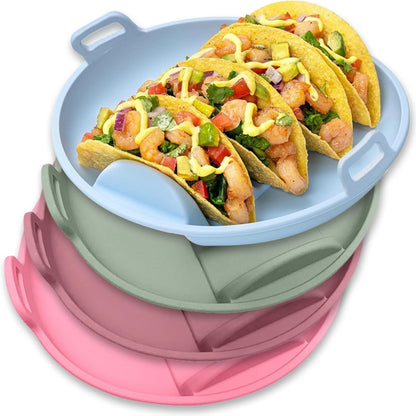 Silicone Taco Holders Plates - 3PCS Reusable Tacos Serving Tray Set with 4 Dividers, Dishwasher & Microwave Safe Shell Mold Tortilla Stand for Home Kitchen Fiesta Party Supplies (Green, Blue)