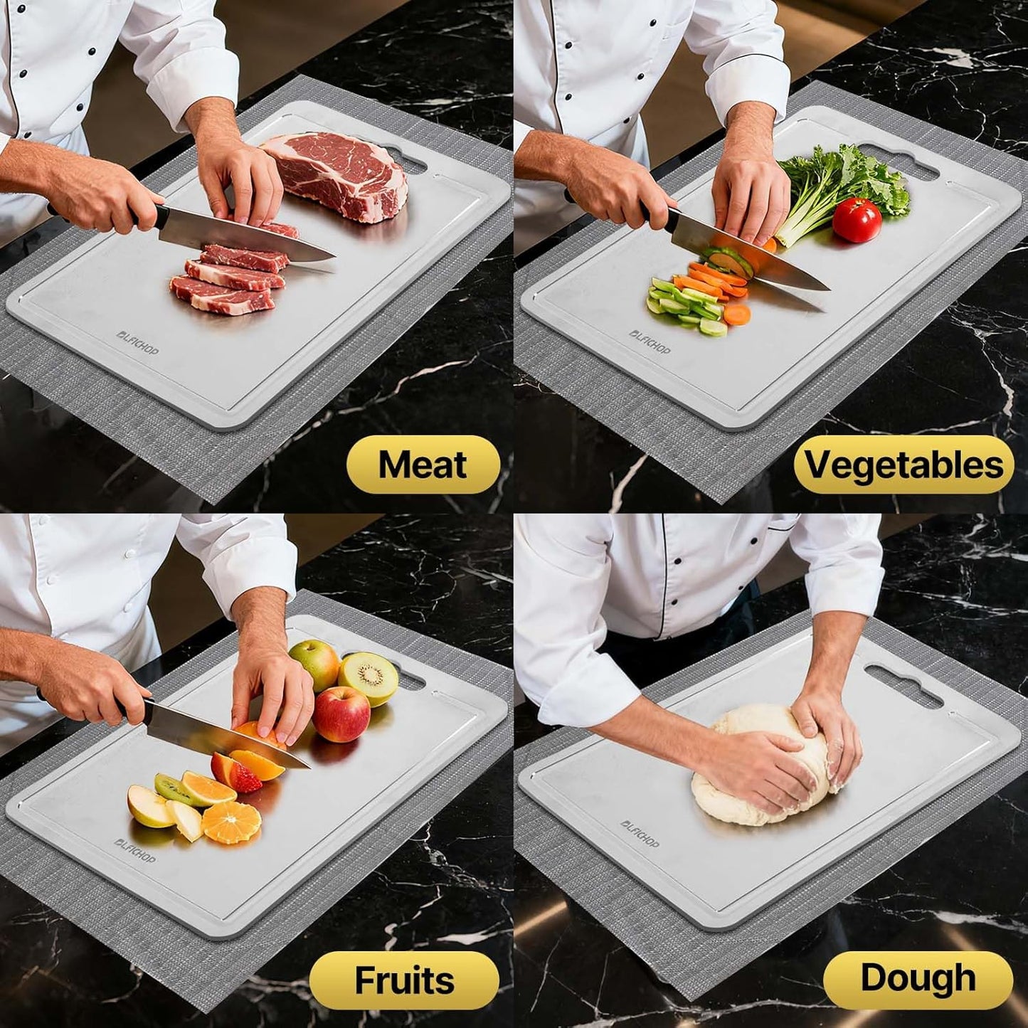 3pcs 100% Pure Titanium Cutting Boards with Juice Groove, Double-Sided Non-Toxic Chopping Boards for kitchen Meat, Vegetables and Fruits, Dishwasher Safe, Grey