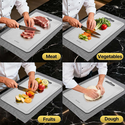 3pcs 100% Pure Titanium Cutting Boards with Juice Groove, Double-Sided Non-Toxic Chopping Boards for kitchen Meat, Vegetables and Fruits, Dishwasher Safe, Grey