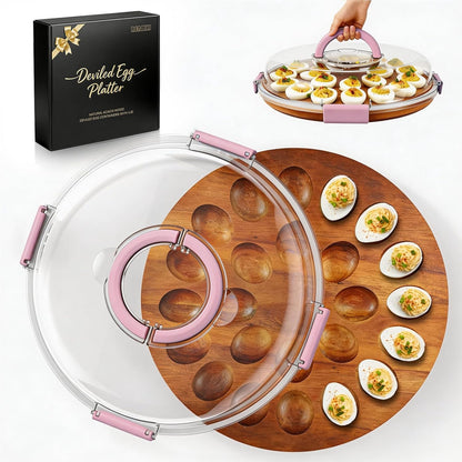 Renmxj Deviled Egg Containers with Lid (24 Eggs), 2026 Upgraded Acacia Wooden Deviled Egg Tray Platter for Party and Home Kitchen, The Lid is Dishwasher Safe (Black)