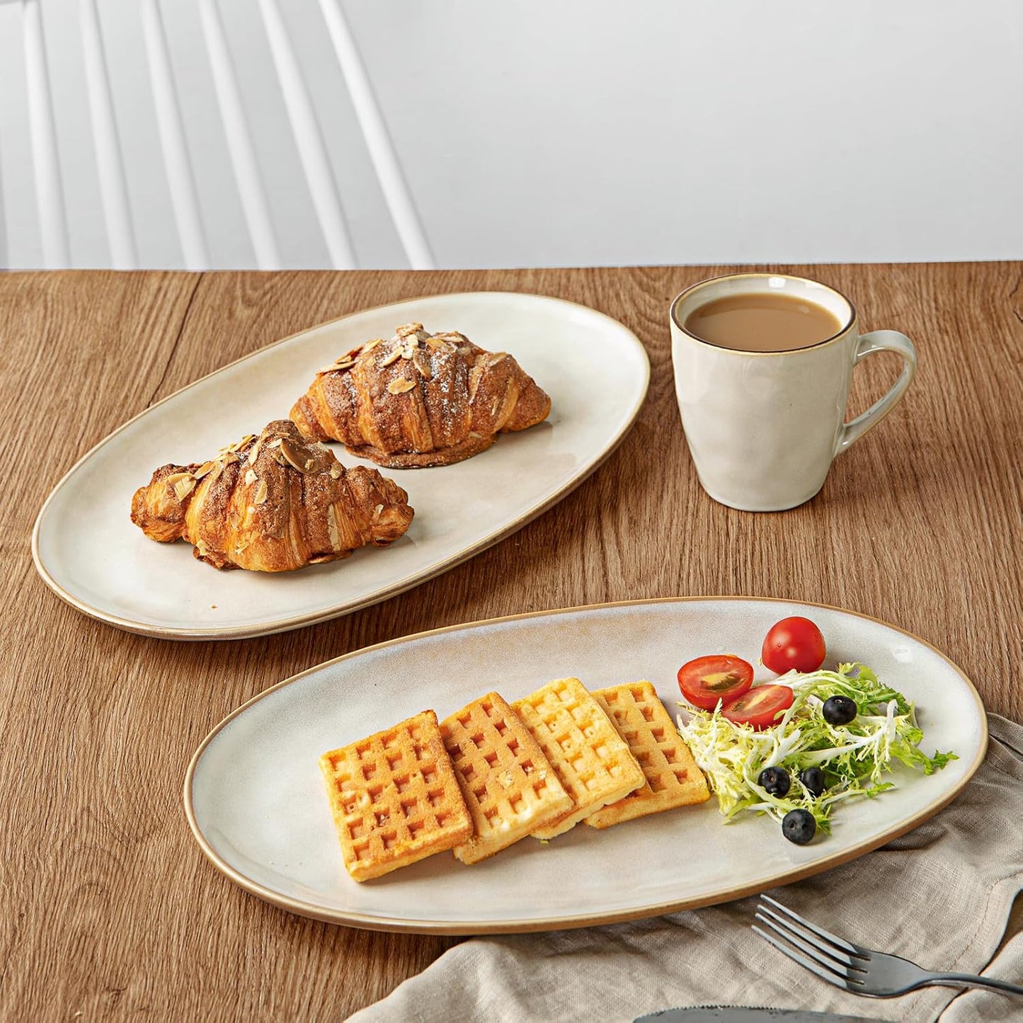 famiware Serving Platter, Oval 15.59/14.3/12.9inch Serving Dishes for Entertaining, Serving Bowls, Microwave Safe, Stoneware Serving Trays for Party, Food, Turkey, Cheese, Ocean Series, Vanilla White