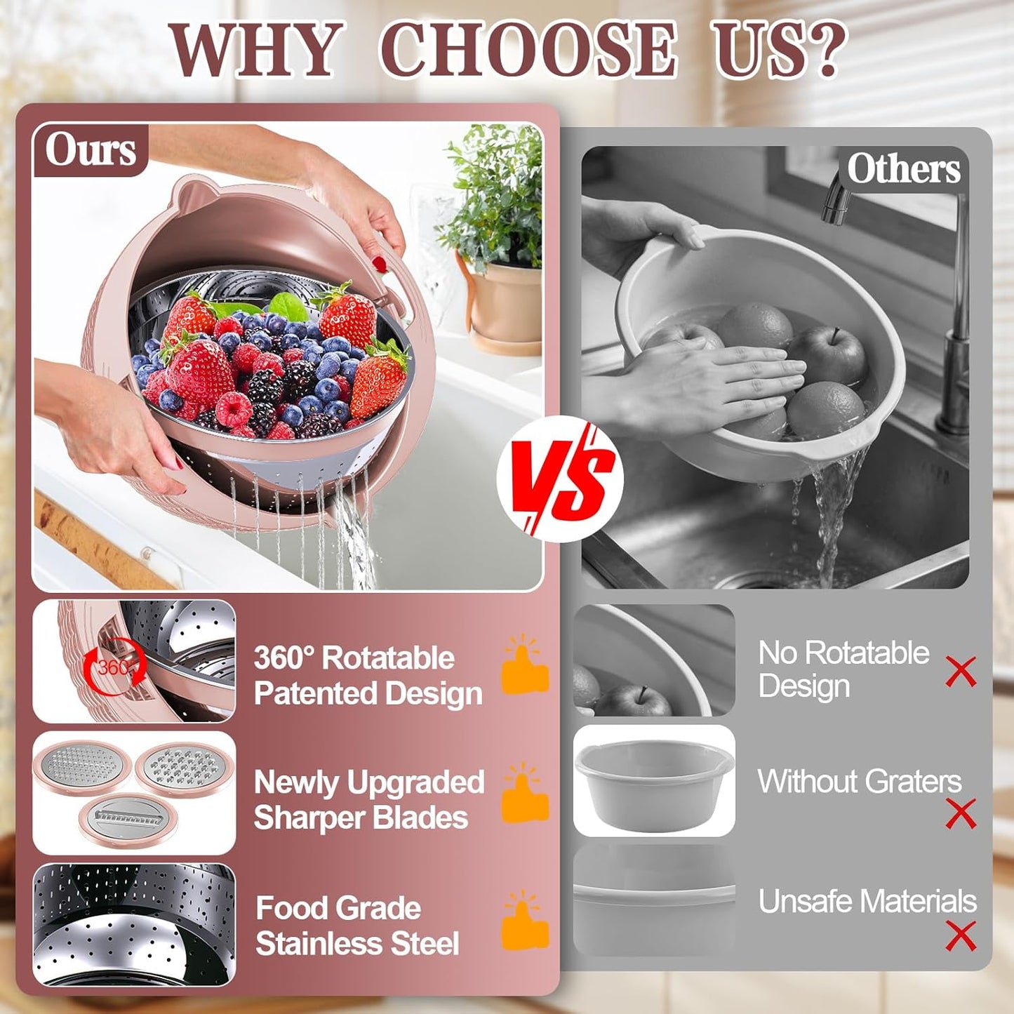 4-in-1 Colander with Bowl Set — Patented 360° Rotatable Strainer Bowl with 3 Graters, Snap-On Lid & Non-Slip Base, Funny Kitchen Present for Women, Aesthetic Pasta Fruit Vegetable Strainer (Beige)
