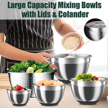 Mixing Bowls with Lids Set, 16PCS Stainless Steel Mixing Bowls,Nesting Storage Bowls for Kitchen with Mixing Bowls Set, Colander, Strainer & Grater , Metal Salad Bowl for Kitchen Gadgets , Cream