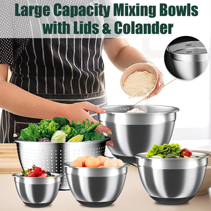 Mixing Bowls with Lids Set, 16PCS Stainless Steel Mixing Bowls,Nesting Storage Bowls for Kitchen with Mixing Bowls Set, Colander, Strainer & Grater , Metal Salad Bowl for Kitchen Gadgets , Cream