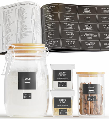 Neatsure 284 Pantry Labels with 112 Expiration Date Labels for Food Containers, Preprinted Stickers Booklet for Storage Bins, Minimalist Kitchen Labels for Organizing