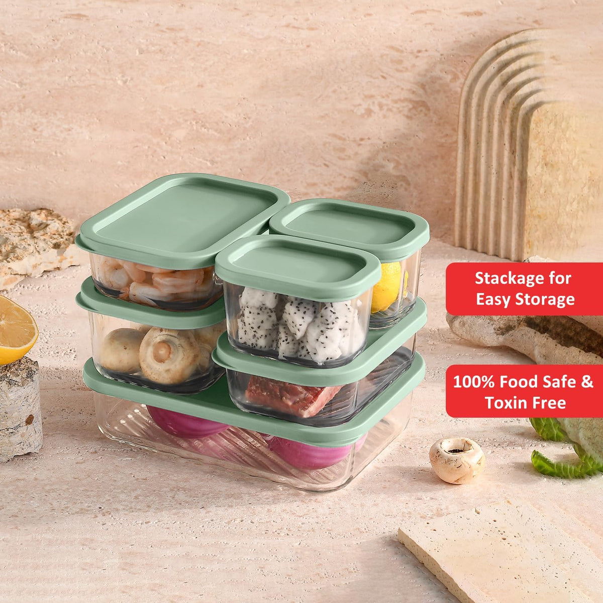 EATEX Grooved Base Glass Meal Prep Containers, 12 Pack Glass Food Storage Containers with Lids for Meal Prep & Lunch, Microwave Oven Freezer Dishwasher Safe, Anti Moisture Non-Stick Design - Black