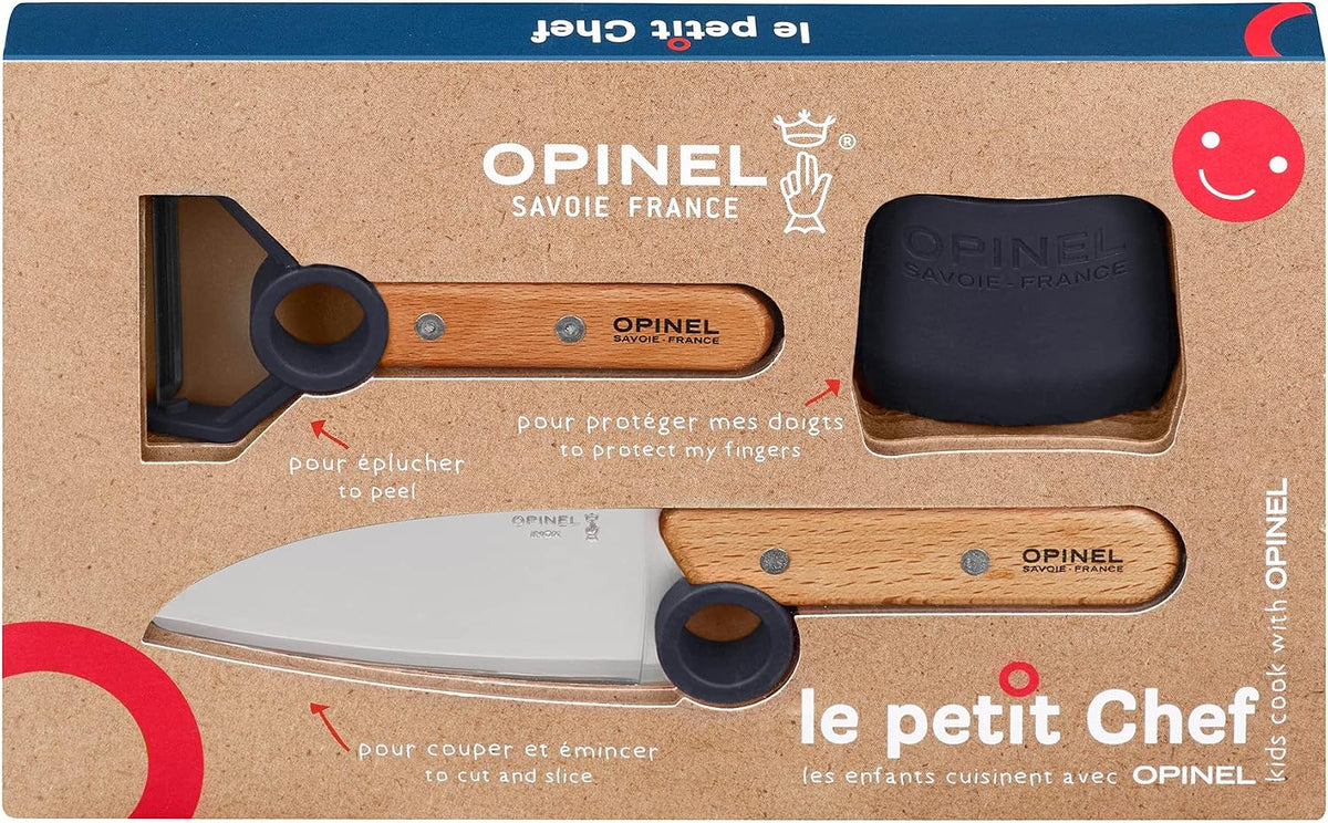 Opinel Le Petit Chef Complete 3 Piece Kitchen Set, Chef Knife with Rounded Tip, Fingers Guard, Peeler, For Children and Teaching Food Prep and Kitchen Safety, Made in France