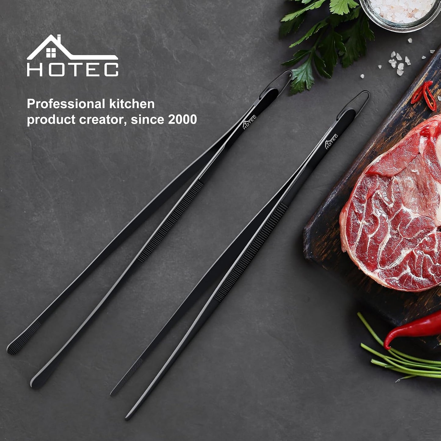 HOTEC Kitchen Tweezers Tongs Stainless Steel Professional Chef Tweezers, Set of 3-6.3", 10" and 12inch Food Tongs for Cooking, Repairing, Dessert, BBQ, Meat, Pasta