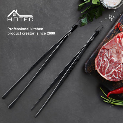 HOTEC Kitchen Tweezers Tongs Stainless Steel Professional Chef Tweezers, Set of 3-6.3", 10" and 12inch Food Tongs for Cooking, Repairing, Dessert, BBQ, Meat, Pasta