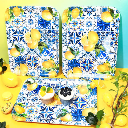 FYSUIMU 3Pcs Lemon Serving Trays Blue Tiles Lemon Print Platter Summer Citrus Fruit Serving Dishes for Spring Birthday Party Sharing Snacks Fruit Desserts