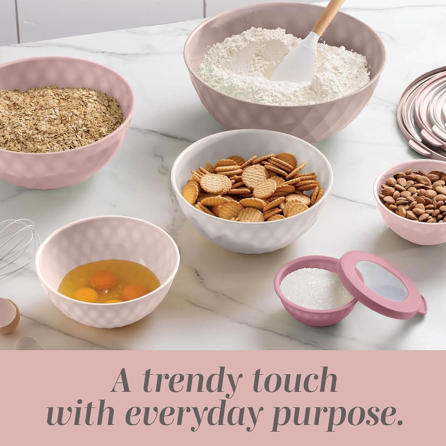 COOK WITH COLOR Mixing Bowls with Lids - 12 Piece Plastic Nesting Bowls Set includes 6 Prep Bowls and 6 Lids, Microwave Safe Mixing Bowl Set, Pink Embossed - Colors B