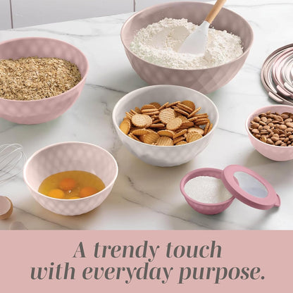 COOK WITH COLOR Mixing Bowls with Lids - 12 Piece Plastic Nesting Bowls Set includes 6 Prep Bowls and 6 Lids, Microwave Safe Mixing Bowl Set, Pink Embossed - Colors B