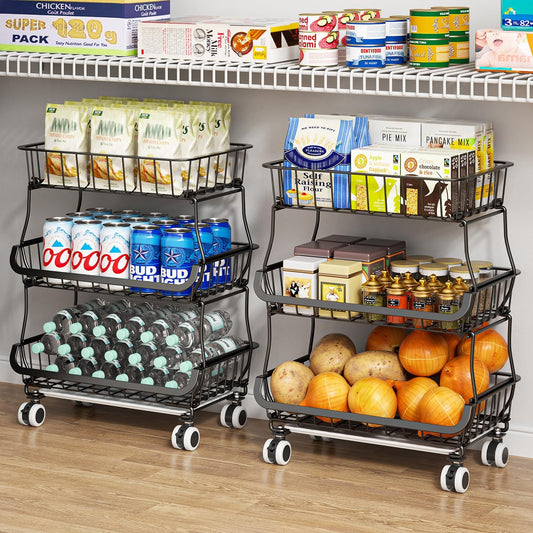 Giwil 3-Tier Rolling Pantry Organizers with Wheels, Stackable Wire Basket for Kitchen Pantry Shelves, Vegetable Storage Rack Pantry Cart for Snack Fruit Onion Potato, Black