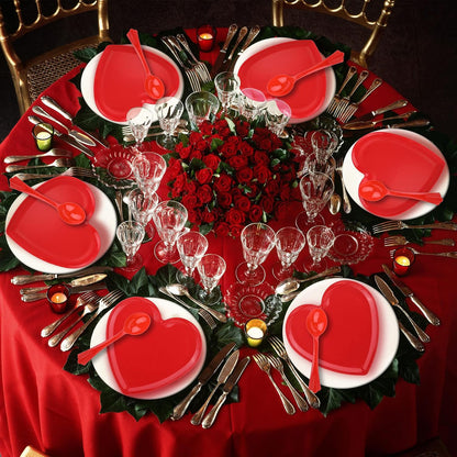 Layhit 38 Pieces Valentines Heart Shaped Plates Spoon Set Include 18 Pcs 10 Inch Valentines Day Heart Shaped Food Tray 20 Pcs Plastic Spoon Salad Dessert Plate for Party Supplies(Red)