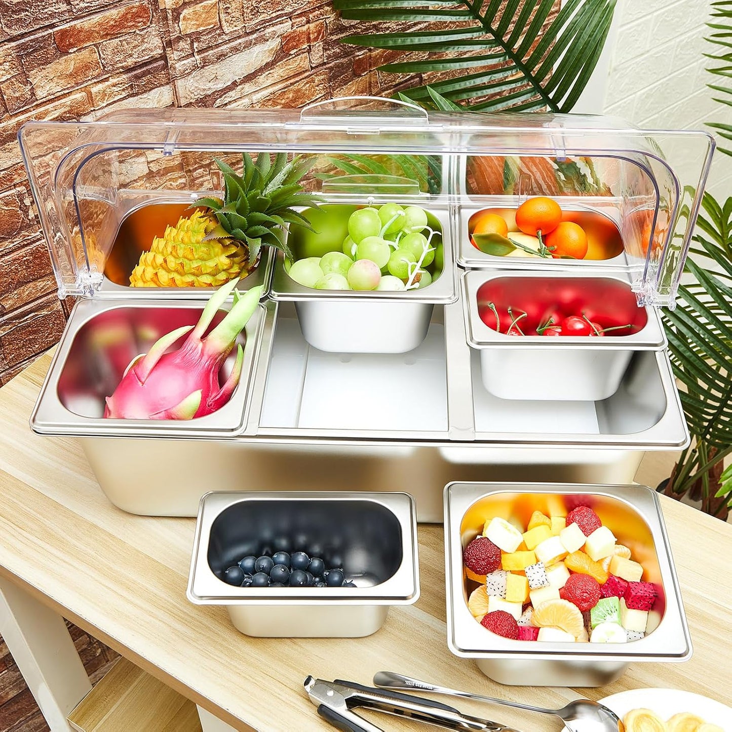 Condiment Tray Stainless Steel Serving Display Set with Lid for Buffet Restaurant Kitchen, Food Chilled Container for Salad Fruit Condiments, Keeps Food Fresh with Ice Box(6 Compartments)