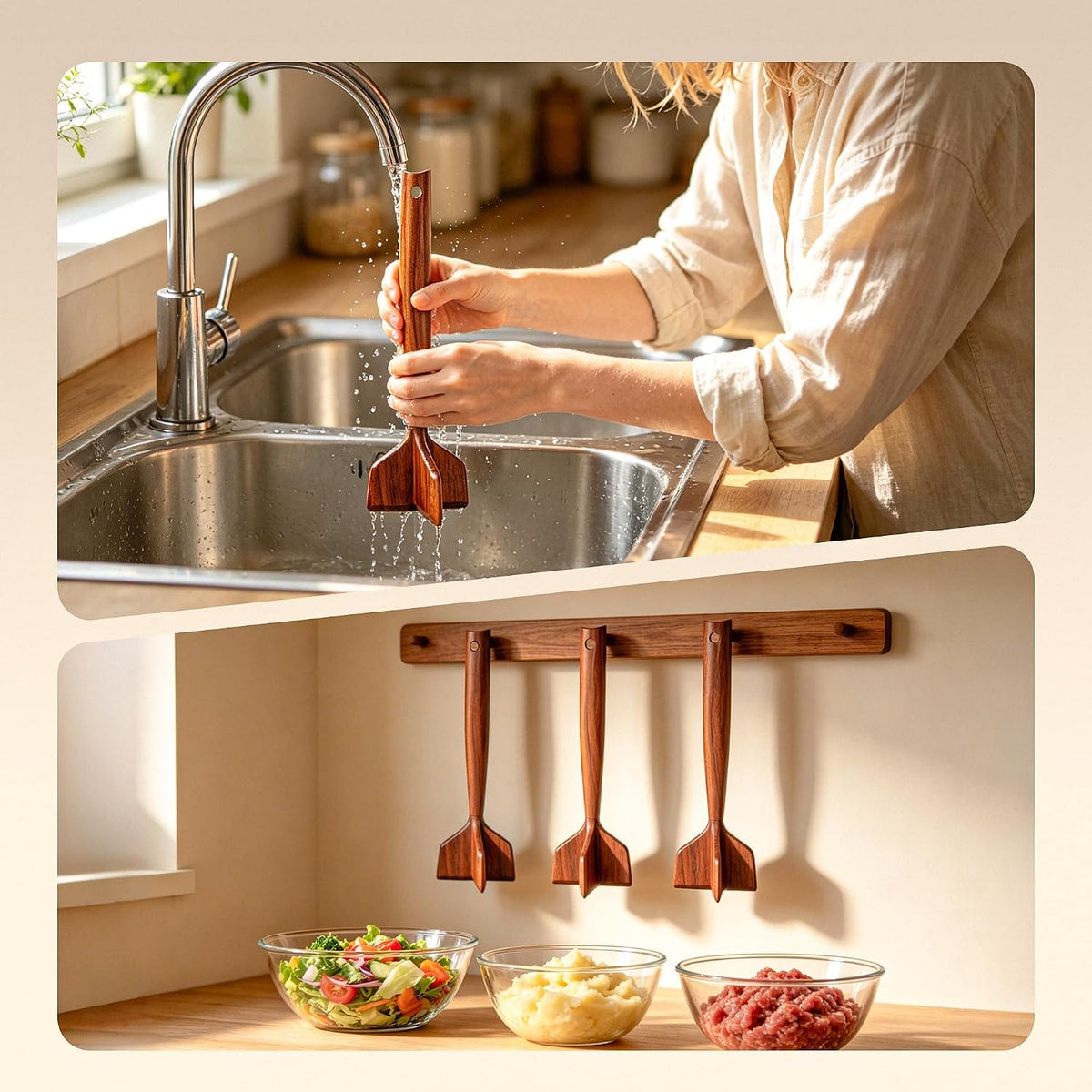 Teak Wooden Meat Chopper, Ground Beef Chopper Tool, Hamburger Smasher, Potato Masher & Chicken Shredder, Durable Wood Meat Pounder Kitchen Utensil, Cooking Gadget 10.5 Inches（RedTeak）