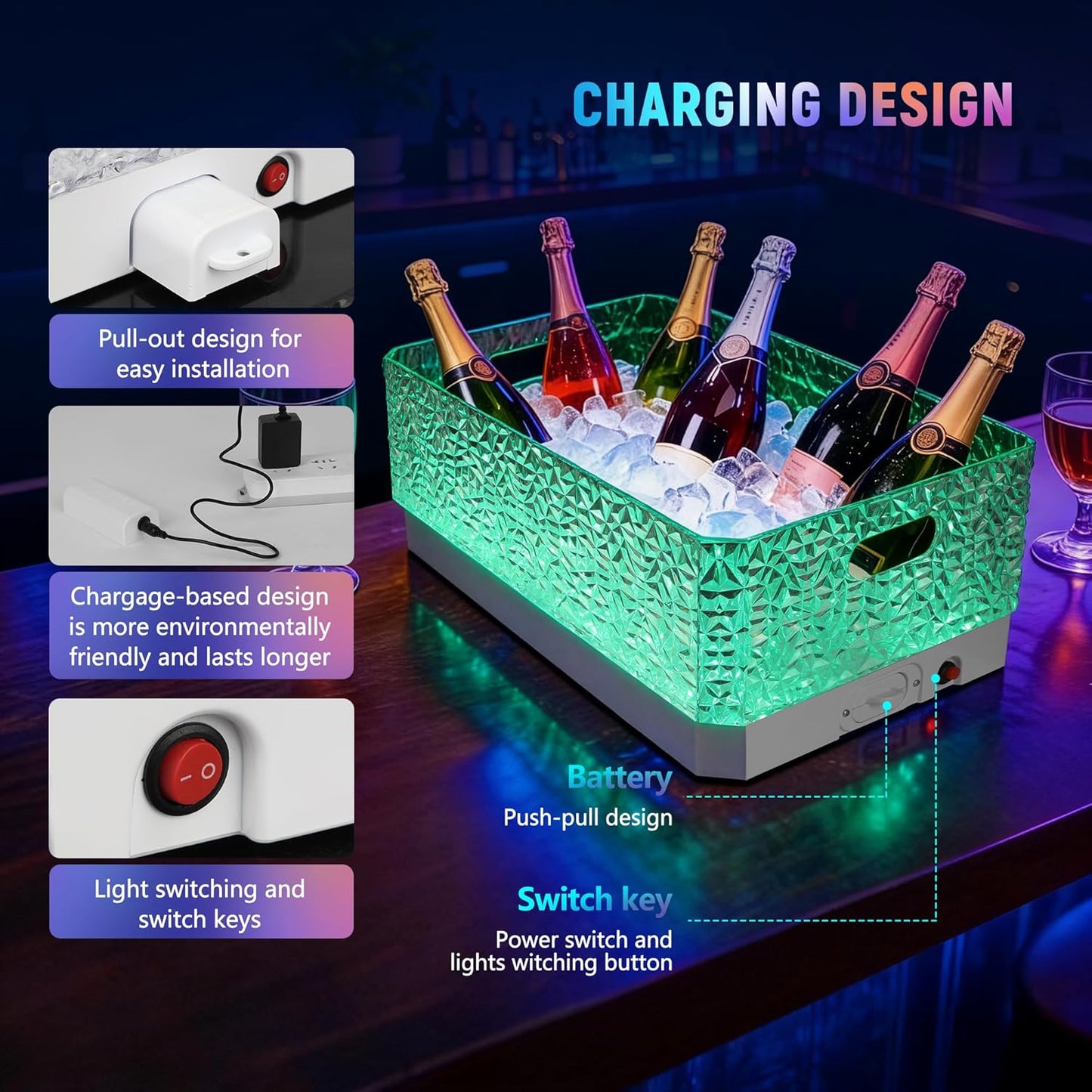 15L LED Ice Bucket for Parties, Rechargeable 7-Color Changing Light Up Beverage Tub, Clear Acrylic Wine & Champagne Drink Cooler, Leakproof Party Tub for Home Bar & Outdoor Entertaining