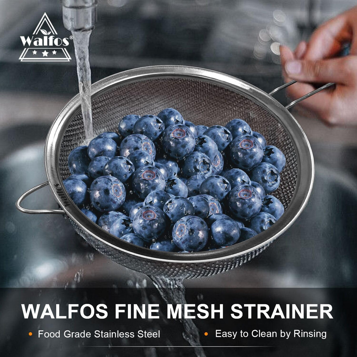 Walfos 6.3 Inch Fine Mesh Strainer, Premium Stainless Steel Sieve and Sifter with Handle, Kitchen Metal Strainers for Rice, Quinoa, Fruits, Noodles, Flour