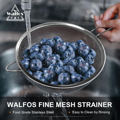 Walfos 6.3 Inch Fine Mesh Strainer, Premium Stainless Steel Sieve and Sifter with Handle, Kitchen Metal Strainers for Rice, Quinoa, Fruits, Noodles, Flour