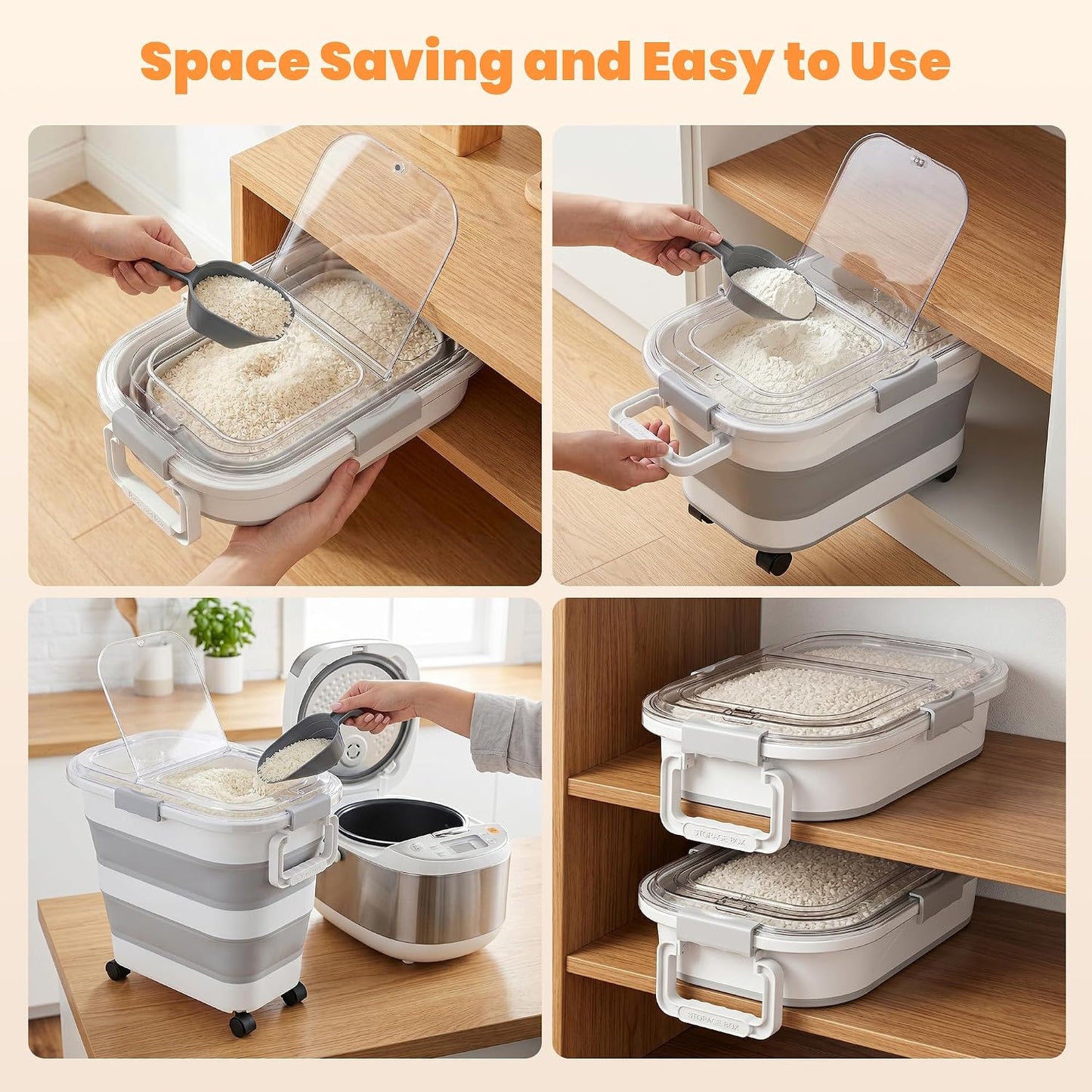 30 Lbs Rice Storage Container with Wheels, Collapsible Airtight Dog Food Storage Container with Transparent Lid, Measuring Cup, Scoop, Handle, BPA Free Rice Holder for Pet Food, Grain, Bird Seed