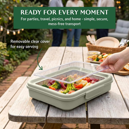 9x13 Pan Carrier with Aluminum Foil Pan – Insulated Food Carrier for Casseroles, Lasagna & Hot/Cold Dishes, Decorative Tabletop Serving Container with Lid for Parties, BBQ, Catering, Travel & Potlucks