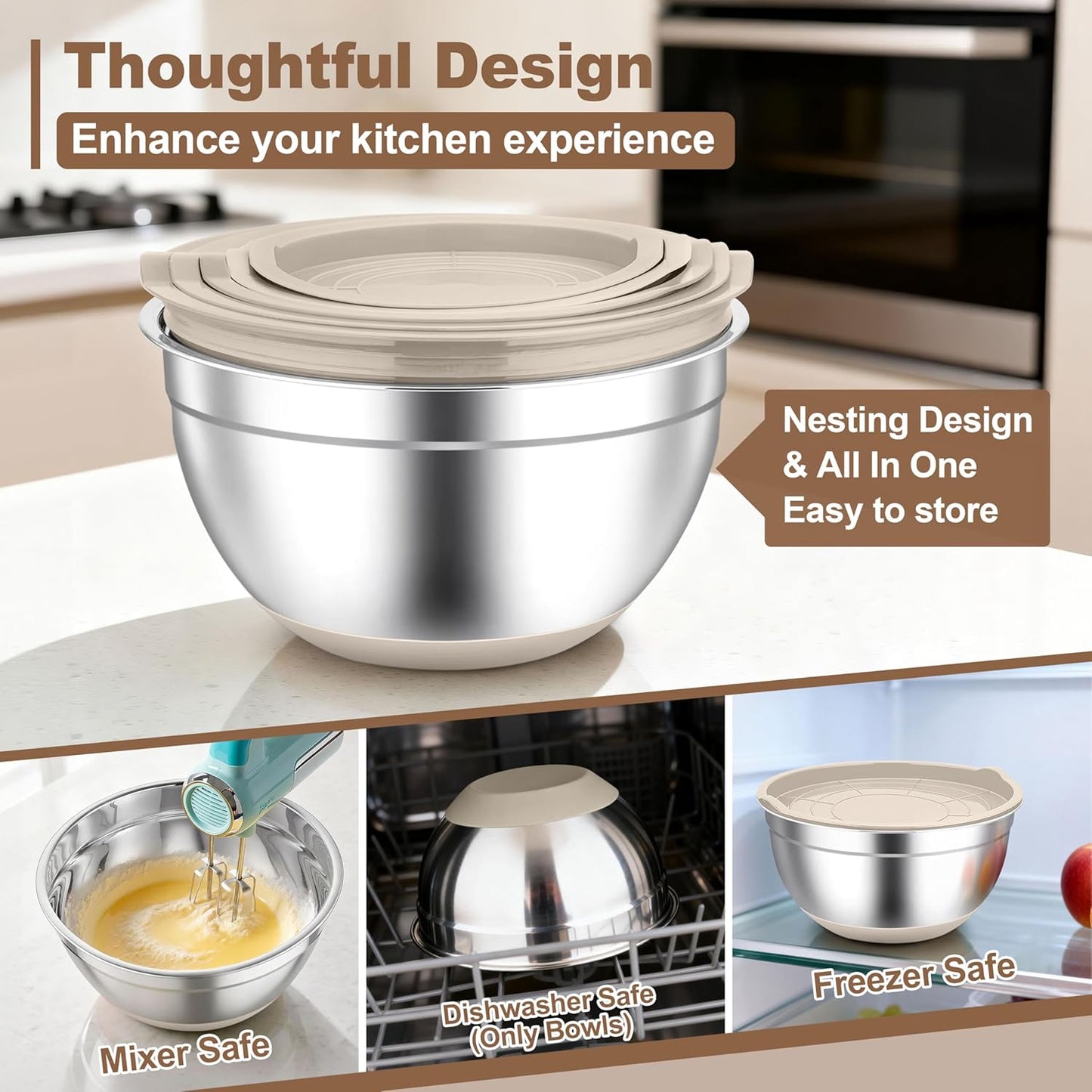 TeamFar Mixing Bowls, Stainless Steel Mixing Bowls with Lids, Nesting Salad Bowls with Air-tight Lids & Non-slip Bottom, Dishwasher Safe & Stackable, Set of 6-4.6/2.6/2 / 1.5/1 / 0.7 Qt