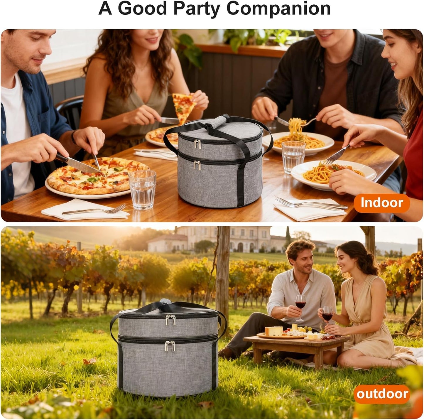 Insulated Casserole Carrier for Hot or Cold Food, Round Pie Carrier with Metal Support, Dish Carrier Food Container, Transport Pie Holders Pie Carrying Case, 2 Tiers, Gray