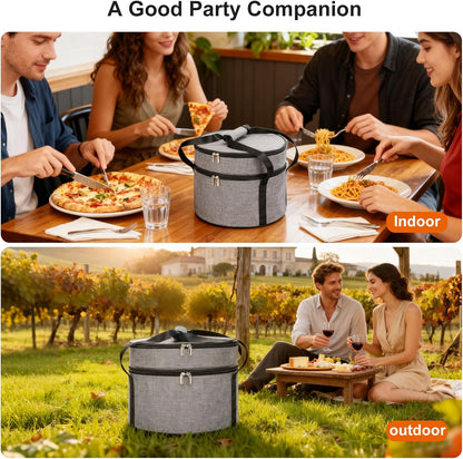Insulated Casserole Carrier for Hot or Cold Food, Round Pie Carrier with Metal Support, Dish Carrier Food Container, Transport Pie Holders Pie Carrying Case, 2 Tiers, Gray