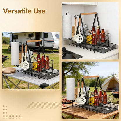1 Pack Large Grill Caddy, BBQ Tool Organizer with Paper Towel Holder, Powder-Coated Steel Caddy Organizer, Rust-Resistant, 3 Side Hooks, Adjustable Dividers, Camping, RV, Black