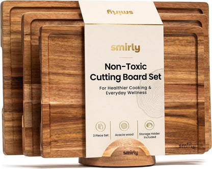 SMIRLY Walnut Cutting Board for Kitchen - Wood Cutting Boards with Handle and Juice Groove for Meal Prep, Serving, Charcuterie - Kitchen Gadgets - Non Toxic Wooden Chopping Board Set of 3 with Holder