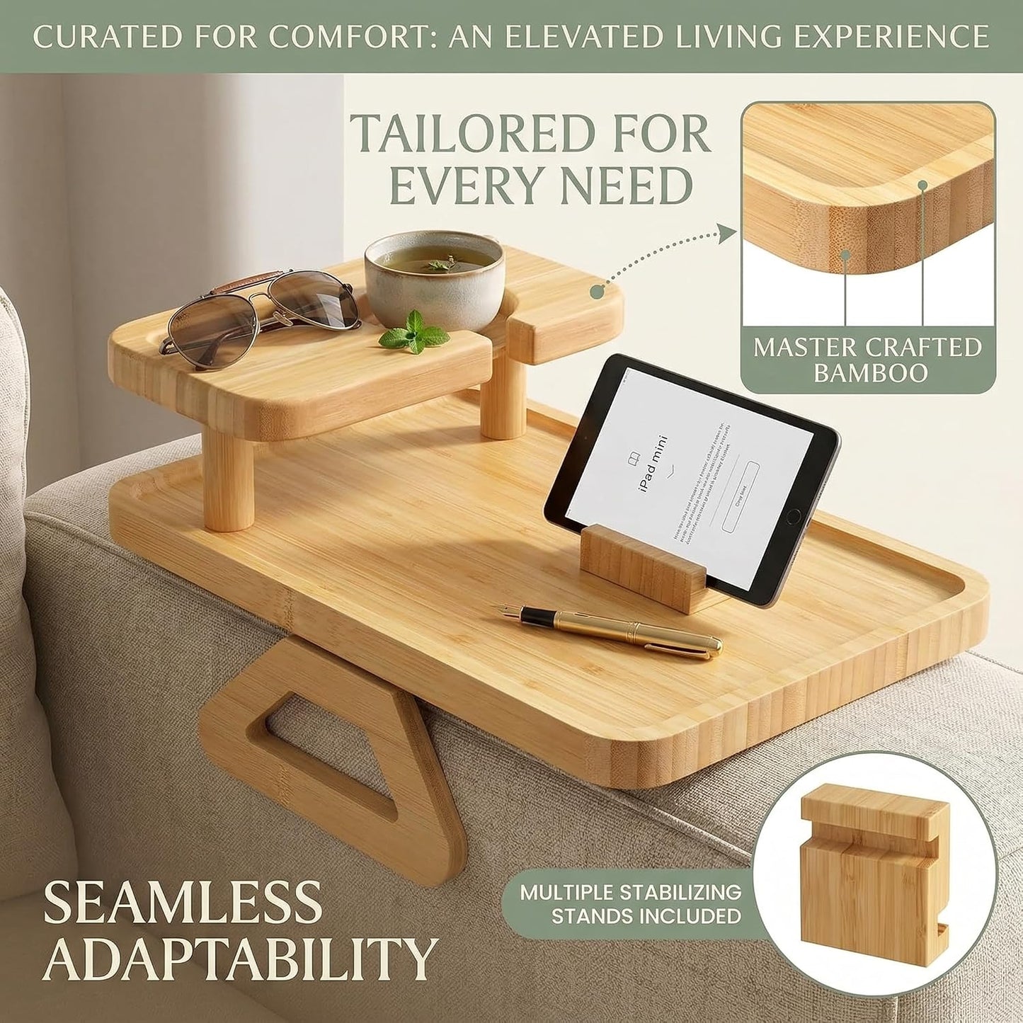 Premium Bamboo Sofa Arm Tray with 360° Swivel Lid & Phone Holder | 3-in-1 Couch Armrest Table with Hidden Storage for Drinks, Snacks, Remote (lid)