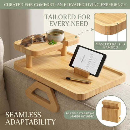 Premium Bamboo Sofa Arm Tray with 360° Swivel Lid & Phone Holder | 3-in-1 Couch Armrest Table with Hidden Storage for Drinks, Snacks, Remote (lid)