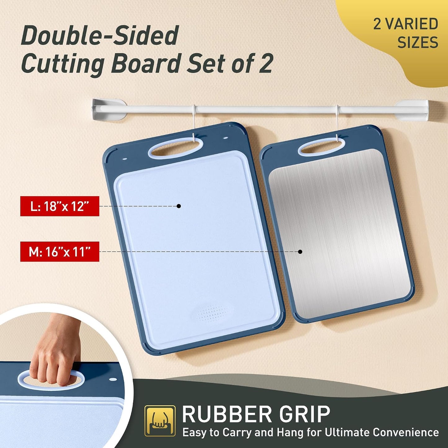 2 Packs Stainless Steel Cutting Board Set, Best Non Toxic Cutting Boards for Kitchen, Double Sided Metal Chopping Board for Meat/Fruit/Vegetables, Food Grade Kitchen Set Gift, [16”×11”+18”×12” Inch]