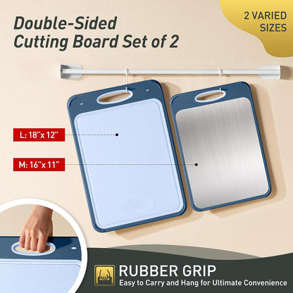 2 Packs Stainless Steel Cutting Board Set, Best Non Toxic Cutting Boards for Kitchen, Double Sided Metal Chopping Board for Meat/Fruit/Vegetables, Food Grade Kitchen Set Gift, [16”×11”+18”×12” Inch]