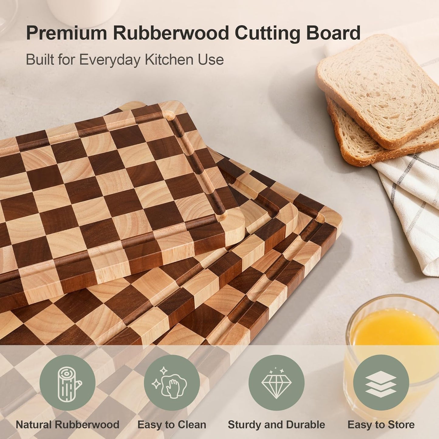 Cutting Board Set of 2 – Checkered Wood & Acrylic Cutting Board with Counter Lip for Kitchen Counter, Wood Checkerboard Chopping Board with Juice Grooves for Vegetables, Fruits, Meat