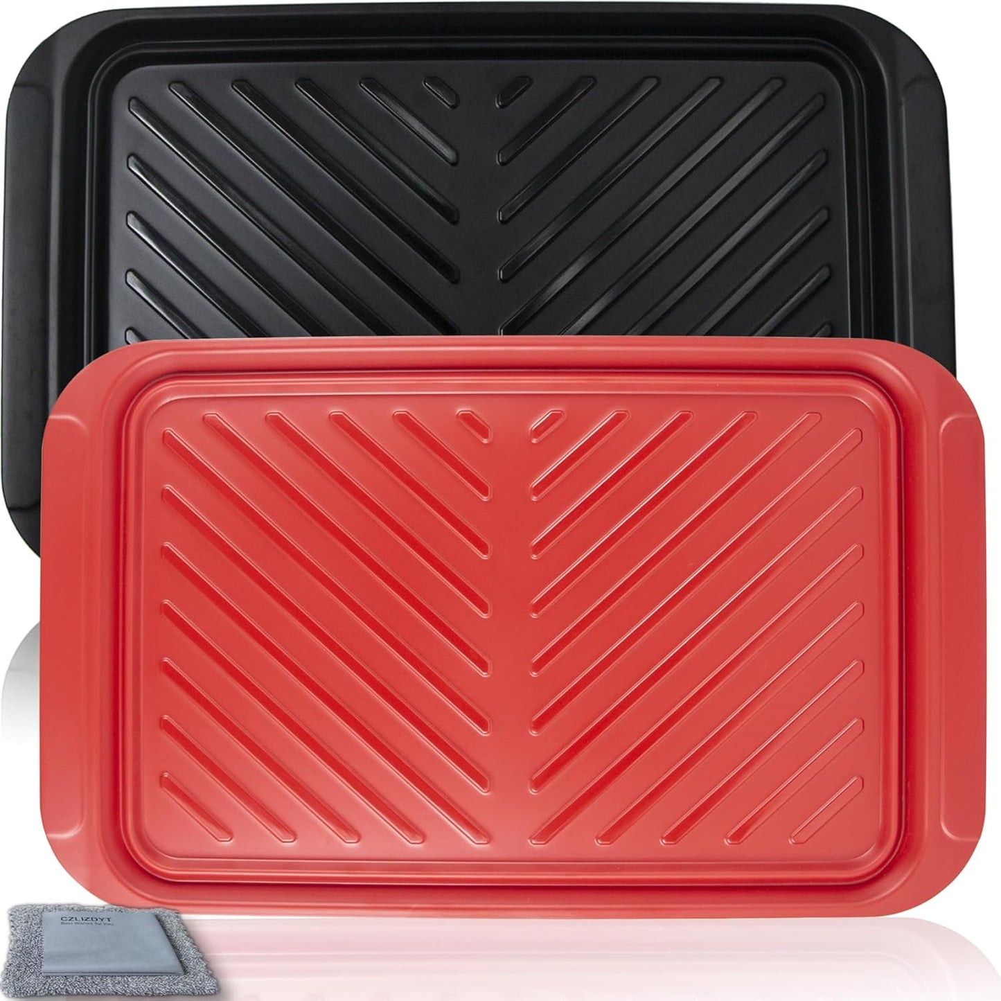 Czlizdyt Grilling Prep and Serve Trays, BBQ Platter for Raw and Cooked Food, Melamine Serving Trays for Food, Set of 2, Black and Red, Napkin and Cleaning Clothes Included