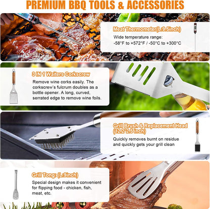 Cifaisi BBQ Grill Accessories Set, 38Pcs Stainless Steel Grill Tools Grilling Accessories with Aluminum Case, Thermometer, Grill Mats for Camping/Backyard Barbecue, Grill Set for Men Women