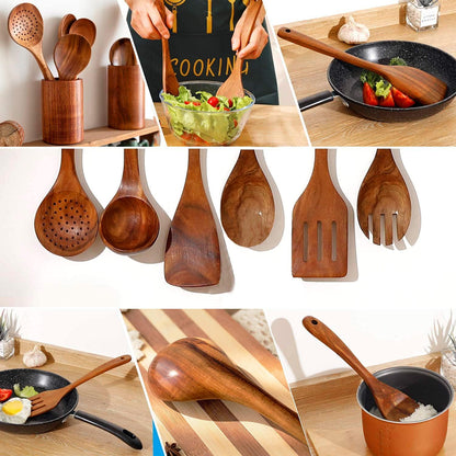 Wooden Spoons for Cooking, Natural Teak Wooden Kitchen Utensils Set Wooden Utensils for Cooking Wooden Cooking Utensils Wooden Spatulas for Cooking (10)